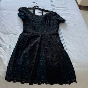 Elie Tahari Black Lace Mini Dress with Teal Underlay